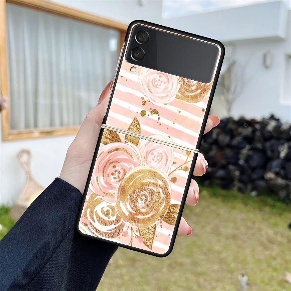 Роскошный чехол для Samsung Galaxy Z Flip 4 3 5G Черные жесткие ПК чехлы для телефона Модная задняя крышка ZFlip Funda Розовый цветок Сердце Ракушка Sac