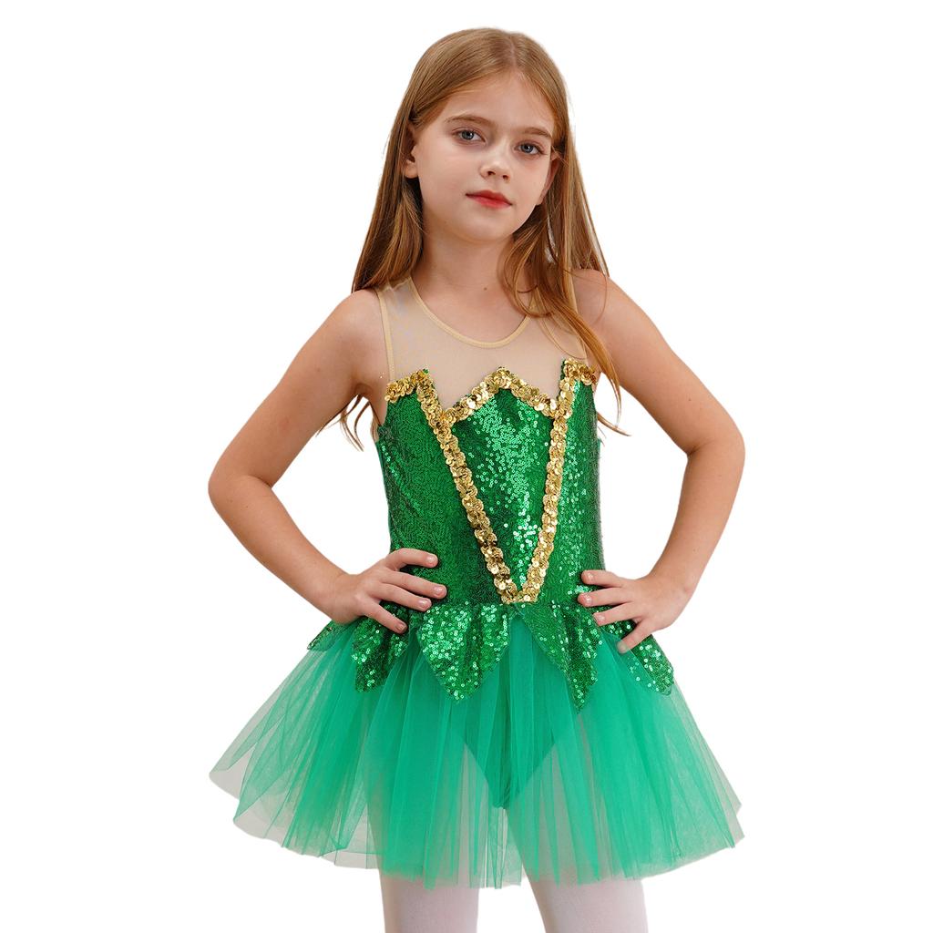 Girls Halloween Elf Cosplay Costume Sleeveless Keyhole Back Shiny Sequins Mesh Tutu Dress Bodysuit Jumpsuit