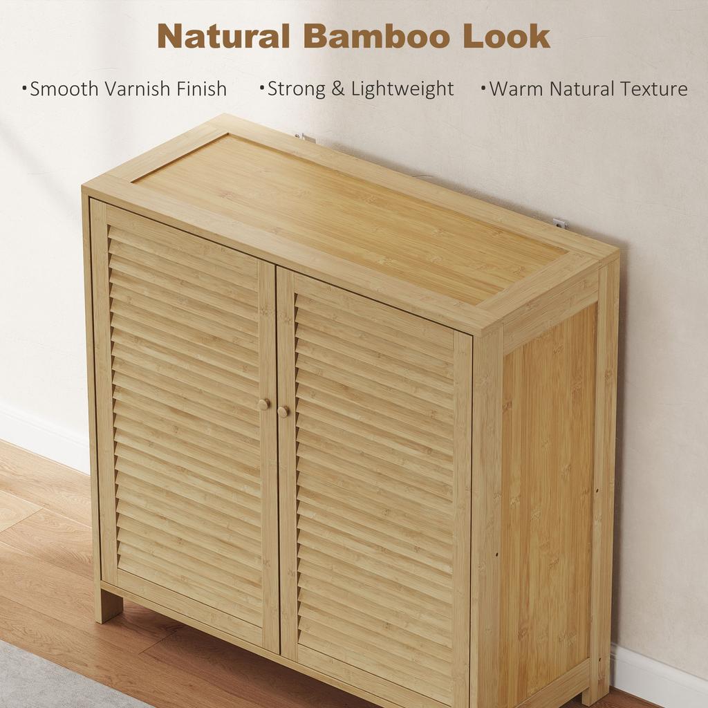 Bamboo Shoe Cabinet with Louvered Doors, 14 Pairs Shoe Storage Cabinet with Adjustable Shelves for Hallway, Natural