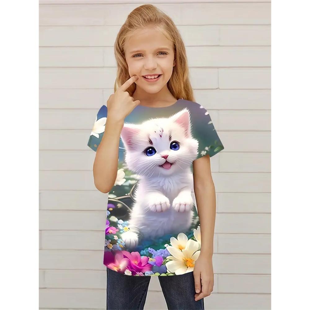 Children's clothing, girls' T-shirt, 3D kitten top, children's summer clothing, fashionable girls' clothing, round neck top, girls' T-shirt