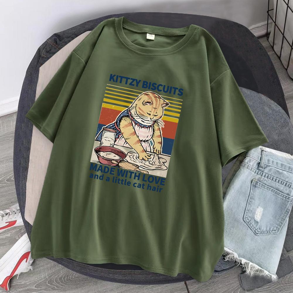Kittzy Biscuits Made with Love and A Little Cat Hair Unisex Cotton TShirts Summer Breathable ONeck Tops Casual Unisexs Tee Clothing