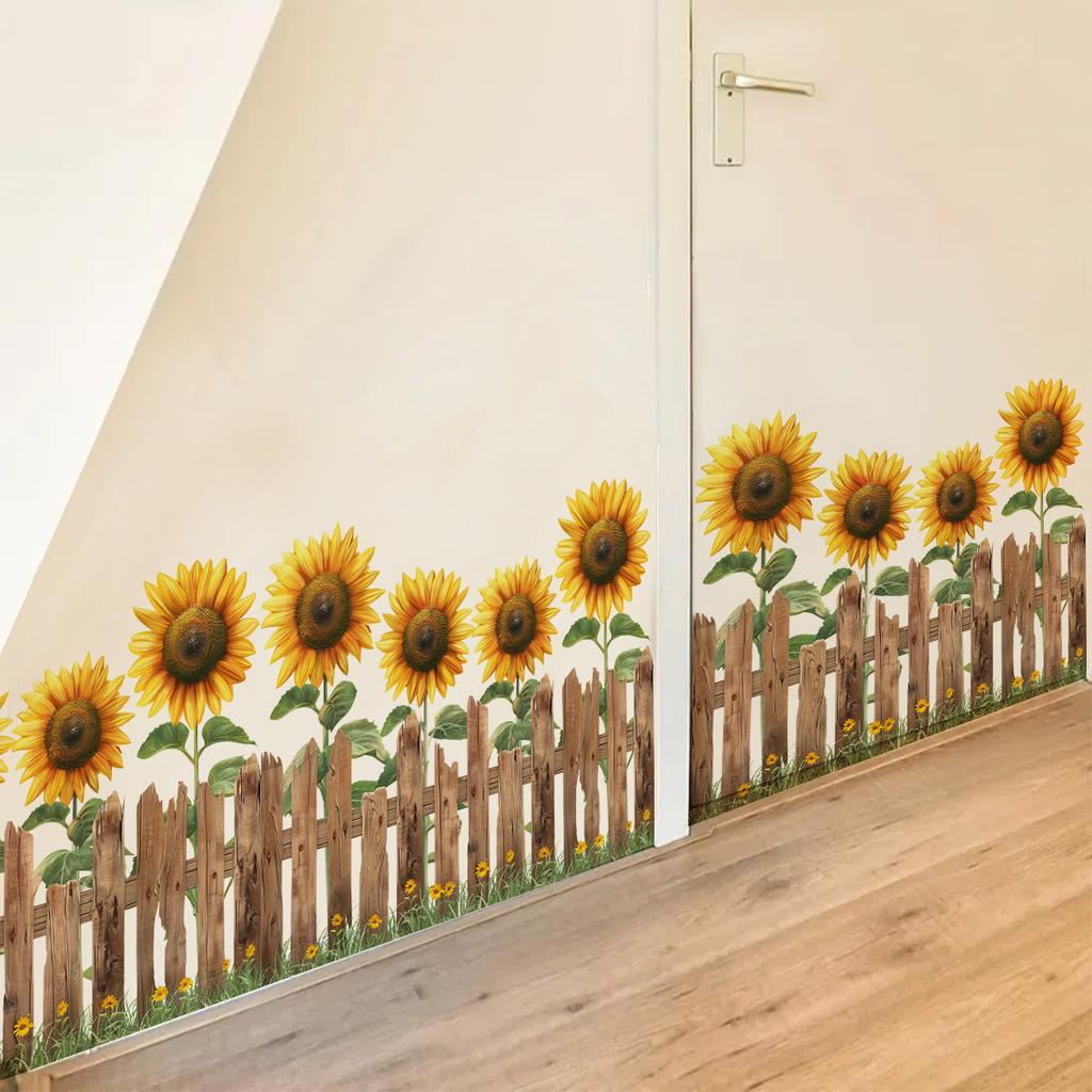 Наклейки в деревенском стиле - Наклейки на стену 'Подсолнух и забор' - Свежие элементы - Самоклеящиеся - Без следов