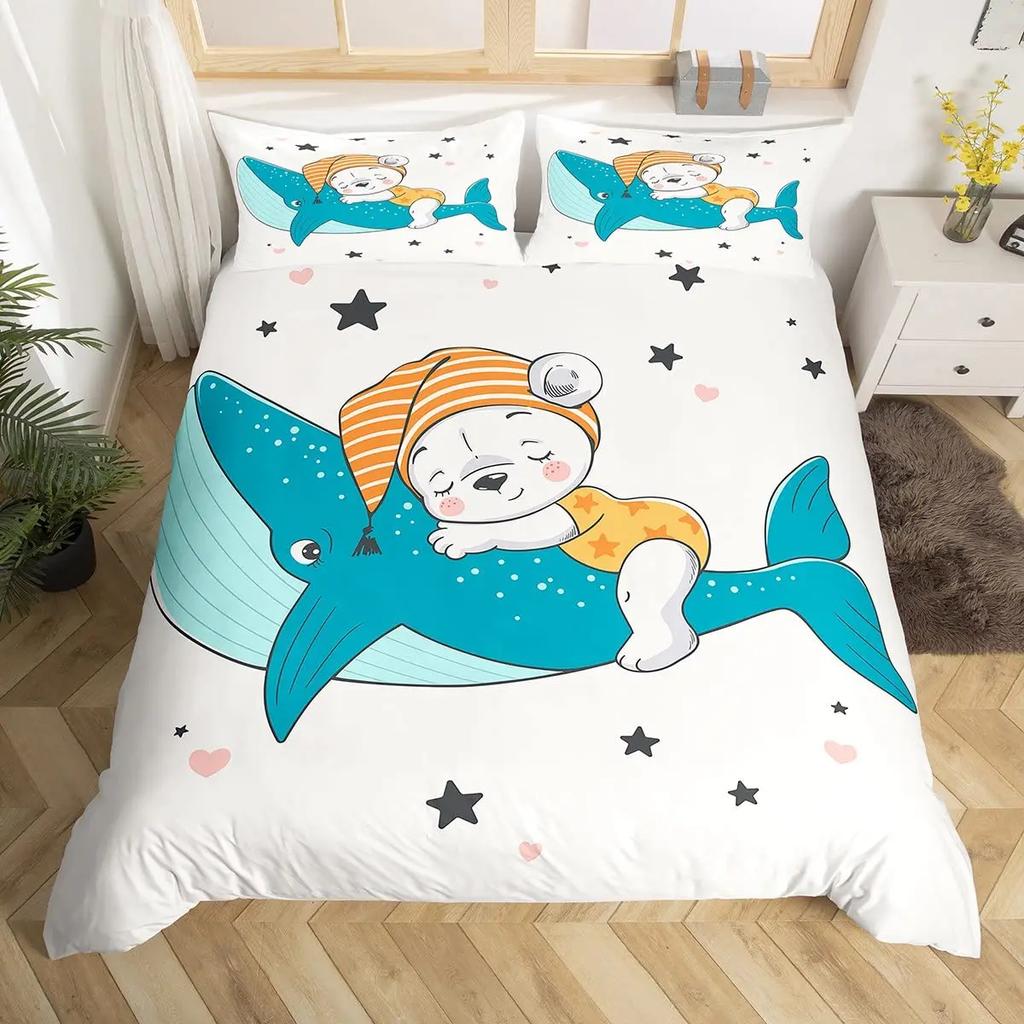 Комплект постельного белья «Кит» размера «queen-size» с изображением звезд и звезд, вселенной, туманности, синего цвета, галактики и океана, комплект постельного белья с изображением морских существ
