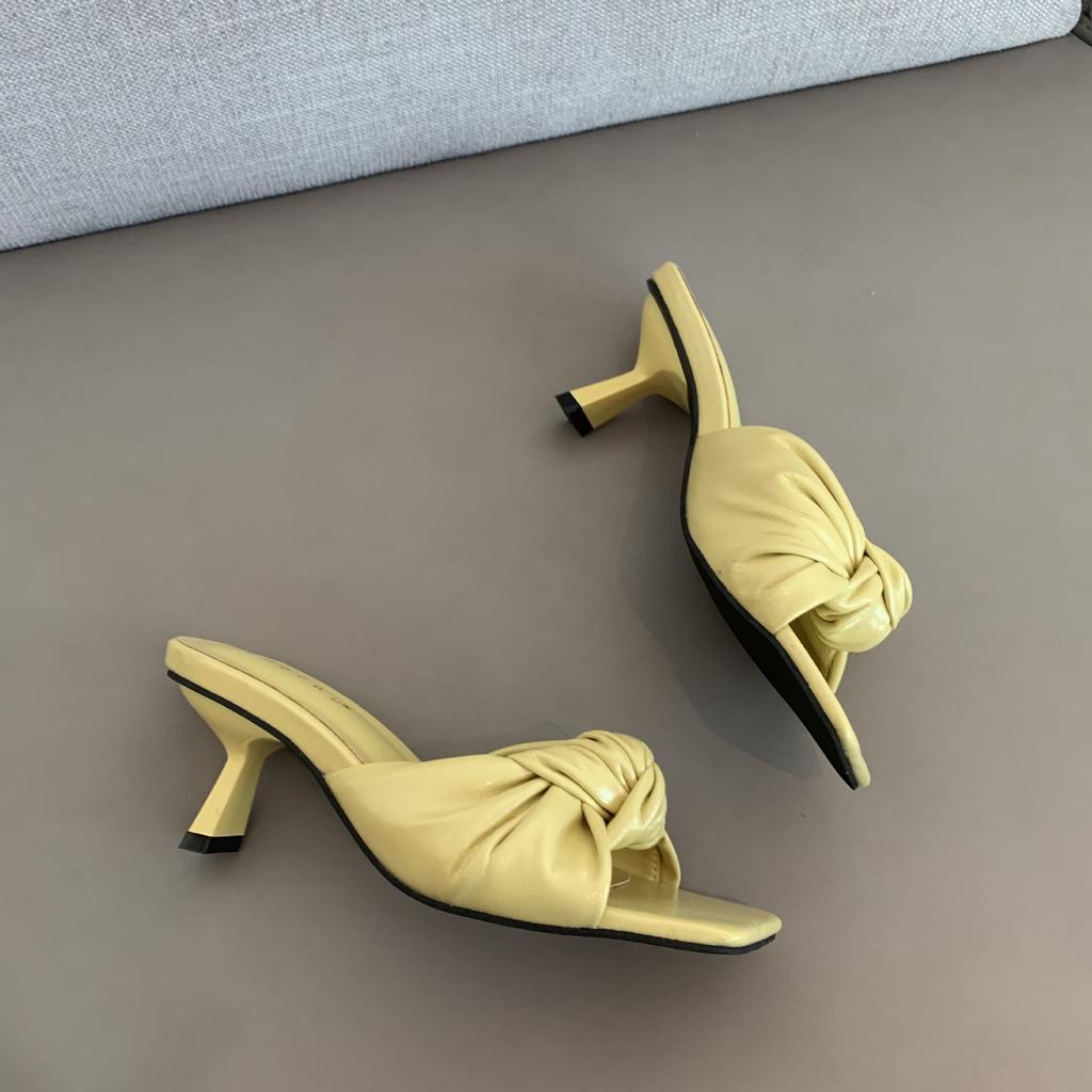 Fashion Pleated Butterfly-Knot Slippers Women High Heeled Sandals Kitten Catwalk Shoes Lady Wedges Sandale Beach Slides Femme Flip Flops