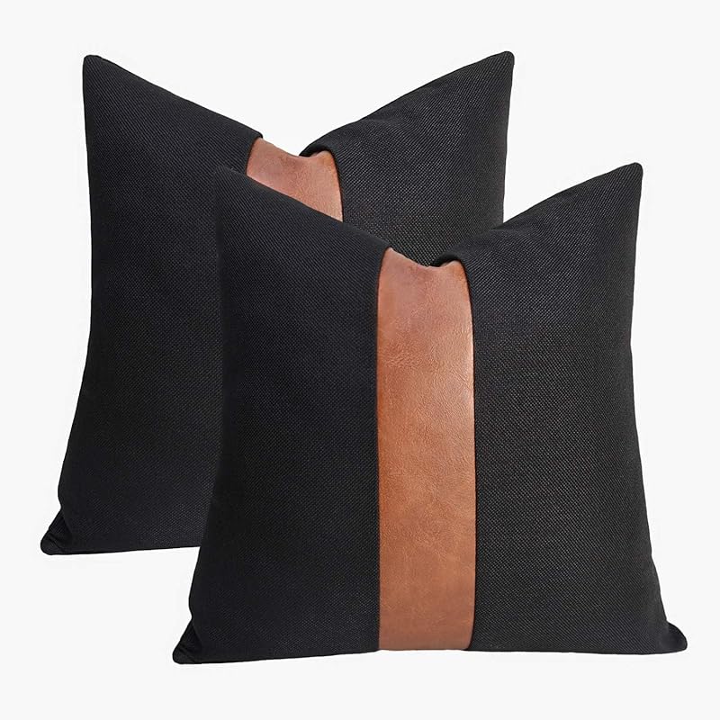 Set of 2 Black Linen Patchwork Faux Leather Throw Pillow Covers for Couch Living Room Bedroom, Modern Accent Decor Square Covers 18X18 inch, Brown