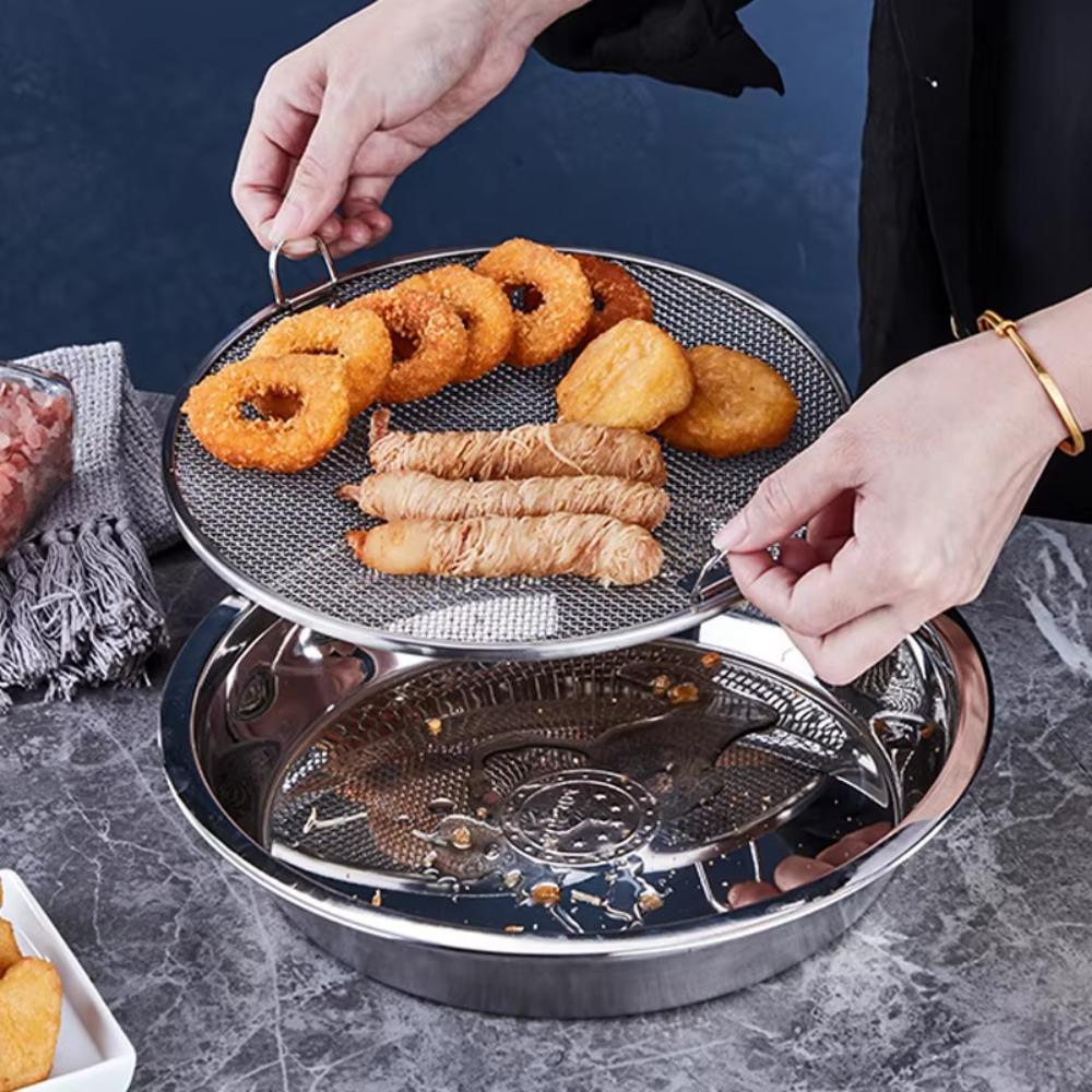 With Drainer Net Stainless Steel Oil Drain Pan Double-ear Handle Snack Serving Dish Kitchen