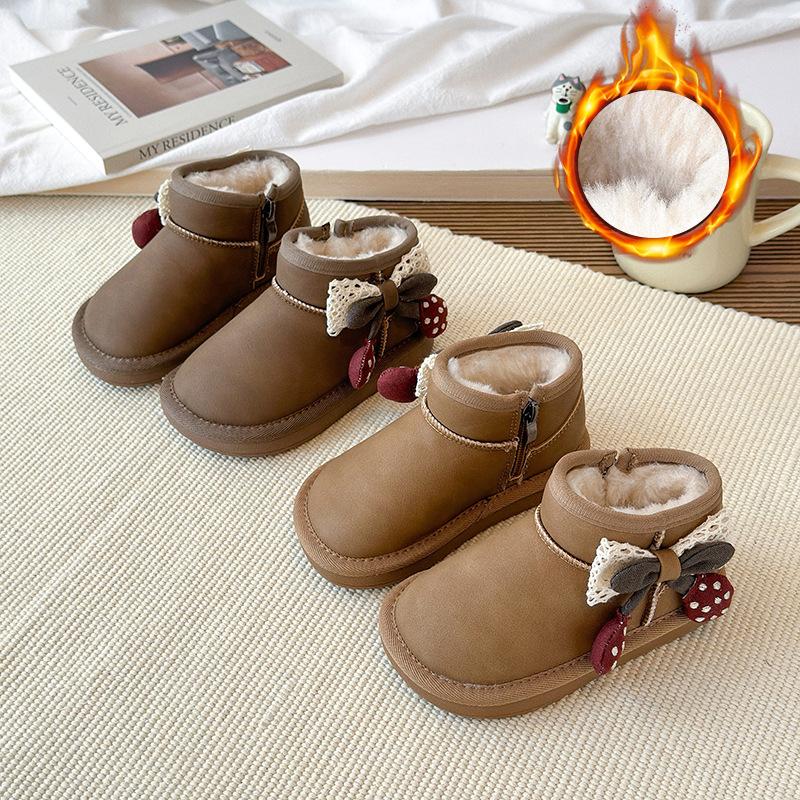 Girls' Cherry Bow Cotton Boots, New Winter Model, Children's Solid Color, Fleece-Lined, Thickened, Non-Slip, Waterproof Snow Boots