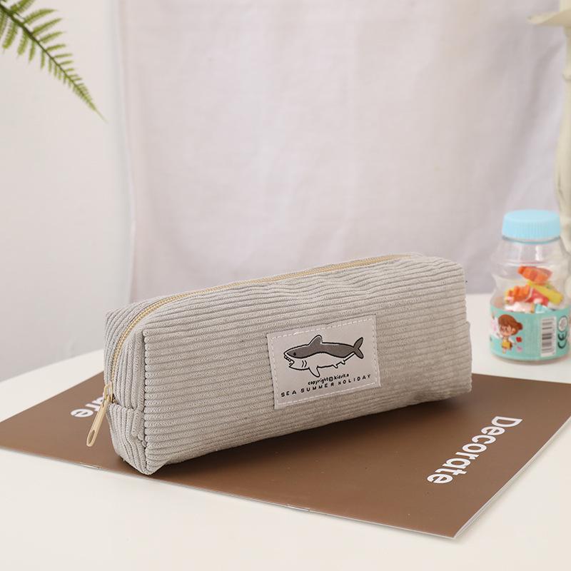 Cute Corduroy Pencil Case Little Shark Embroidery Pen Bag Pouch Gift for Girls&Kids School Office Stationery Organizer Supplies