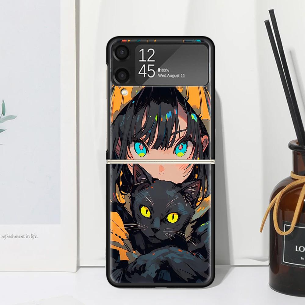 Милые Аниме Девочки Черный Кот Чехол для Телефона для Samsung Galaxy Z Flip 7 6 5 4 3 5G Flip3 Flip4 Flip5 ZFlip6 ZFlip7 Черный Fundas