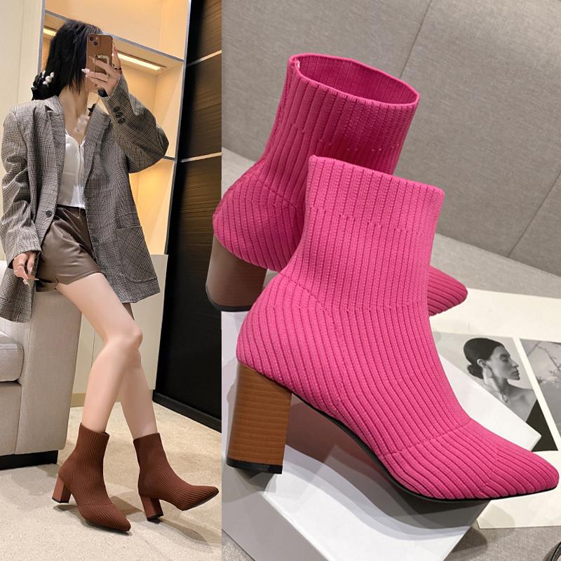 Fashion Pointed Toe Shoes for Women New Comfortable and Breathable Women's Socks Boots Fashionable and Simple Thick Heel Shoes