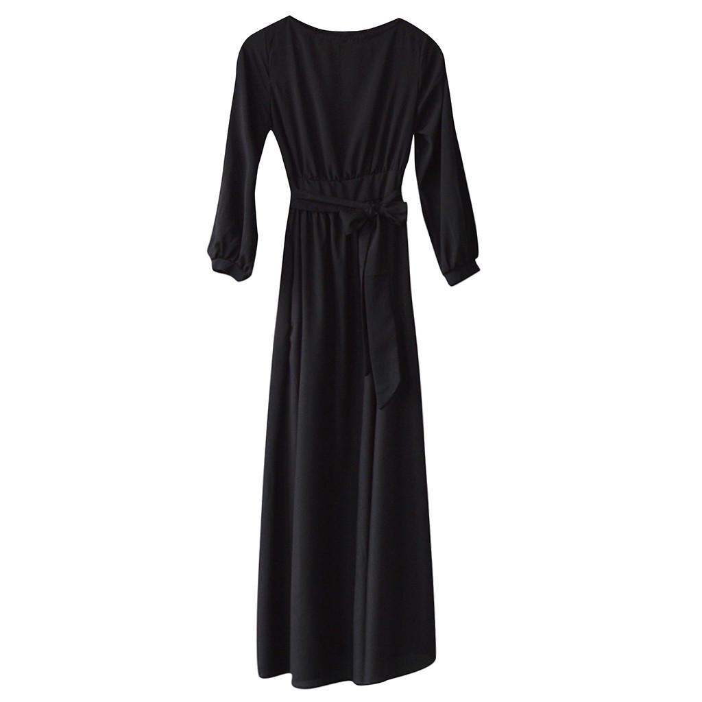 Women Summer Casual Party Dress  Sleeve Solid Long Dresses With Belt