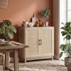 Living Room Sideboard, 2 Rattan Doors, Adjustable Shelf, Rounded Edges, 76 x 35 x 75.5 cm, Oak