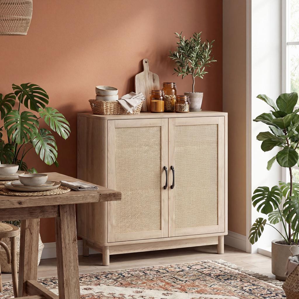 Living Room Sideboard, 2 Rattan Doors, Adjustable Shelf, Rounded Edges, 76 x 35 x 75.5 cm, Oak