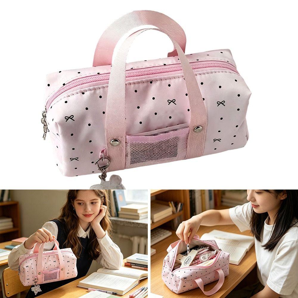 Large Capacity Pencil Case Polka Dot Bow Print Pencil Pouch INS Style Pen Bag Students