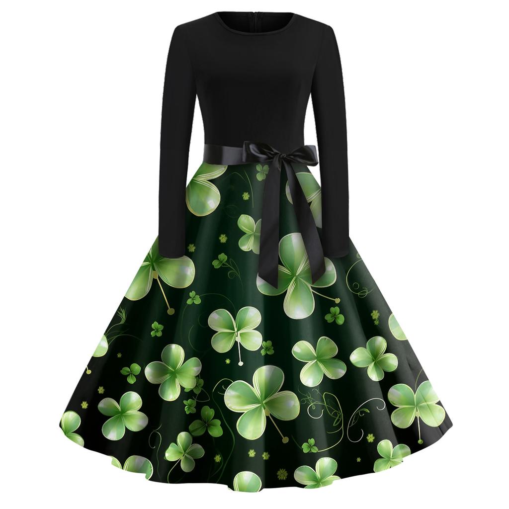 Women's Fashion Round Neck Casual Slim St Patrick's Day Printed Long Sleeve Dresses