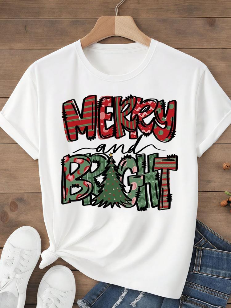 (Азиатский размер) Топ футболка фестиваль С Рождеством Новым годом Праздник Женская с надписью милый стиль Принт Леди Короткий рукав Мода Графические футболки