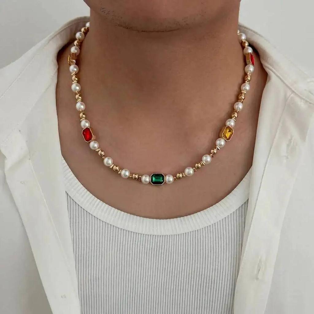 SHIXIN Baroque Acrylic Rhinestone Imitation Pearl Beaded Necklace for Men Trendy Exquisite Clavicle Chain Jewelry Birthday Gifts