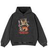 Streetwear Cat Graphic Side Pockets Pullover Unisex Oversized Washed Black Hoodie