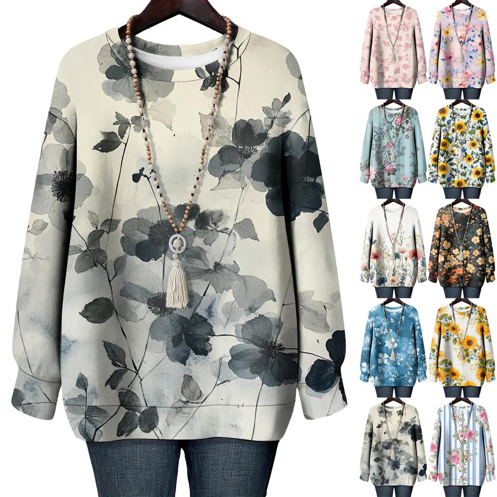 Женская футболка с цветочным принтом, круглым вырезом и длинными рукавами, свитшот