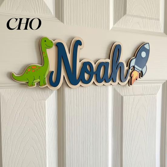 Dinosaur Door Sign Personalized Kids Name Rocket Wooden for Boys Fun Decor Custom Nursery Hanging Wall Bedroom Playroom Soft Color