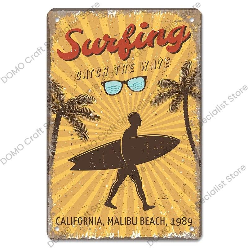 Surfing Board Poster Vintage Metal Tin Signs Enjoy Summers Metal Plaque Retro Wall Art Decor for Surf Club Pub Bar