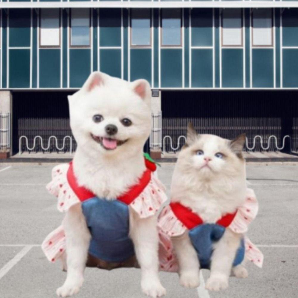 with Leash Dog Harness Dress Heart Print Pet Dress Denim Puppy Princess Skirt Outdoor Walking