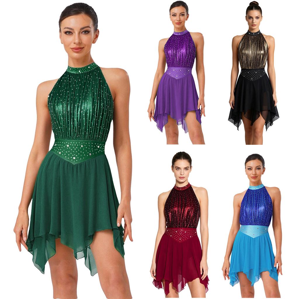 Women Contemporary Dance Leotard Dress Sleeveless Backless Ruched Metallic Mesh Rhinestone Irregular Hem Built-in Briefs for Skating