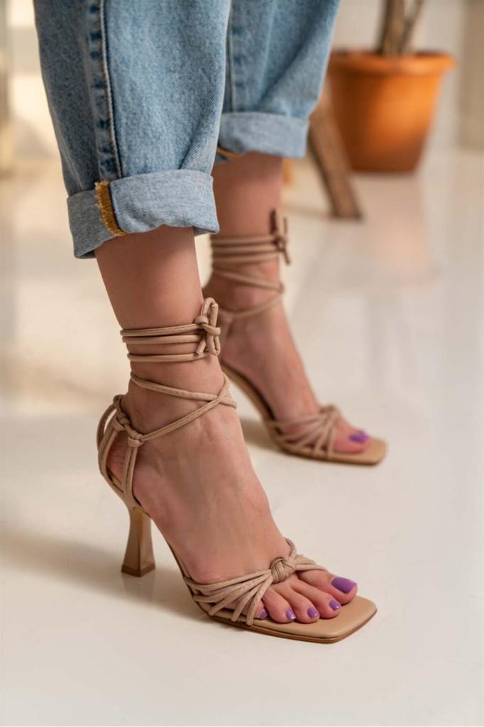 Women's Casual Sandals Skin Matte Ankle Tie Detail Heeled Shoes