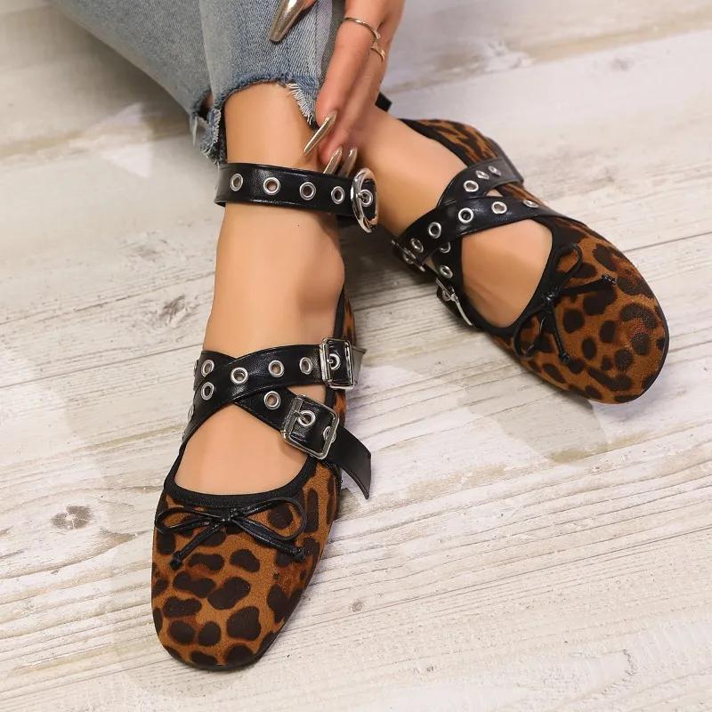 Fashion Luxury Designer Leopard Ballet Flats Women Fashion Metal Buckle Wide Strap Women Shoes Low Heel Mary Jane Shoe Zapatos De Mujer