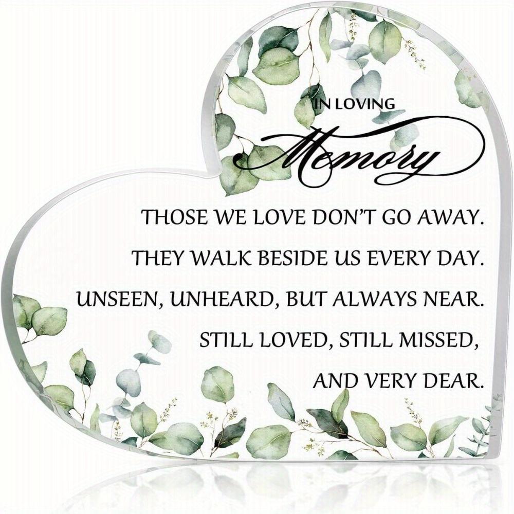 2D Flat, Heart-Shaped Memorial Keepsake - Sympathy Gift with Green Floral design, Loving Memory Quote - Clear Acrylic Bereavement Decor for Funeral, g