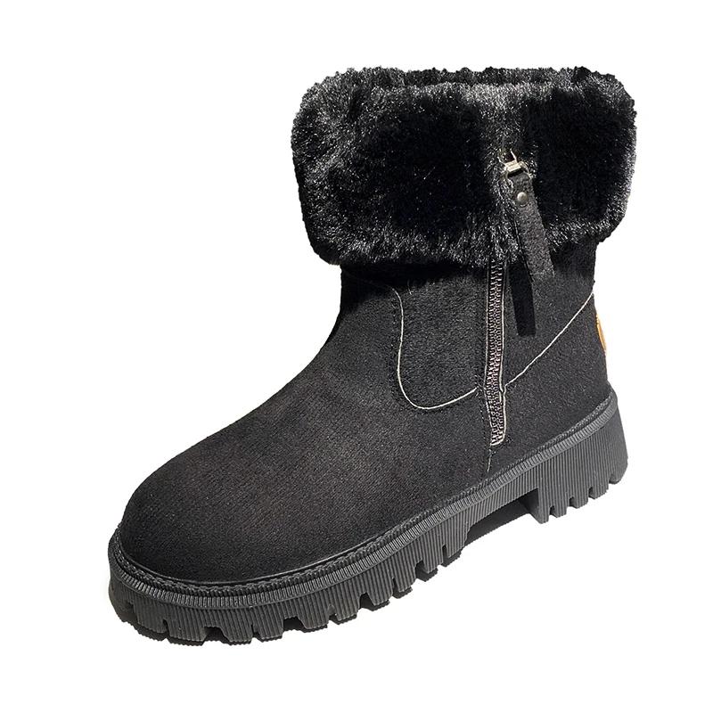 2024 Hot Sale Ladies Shoes Zipper Women's Boots Winter Round Toe Solid Flock Plush Warm Mid Heel Water Proof Commuting Boots