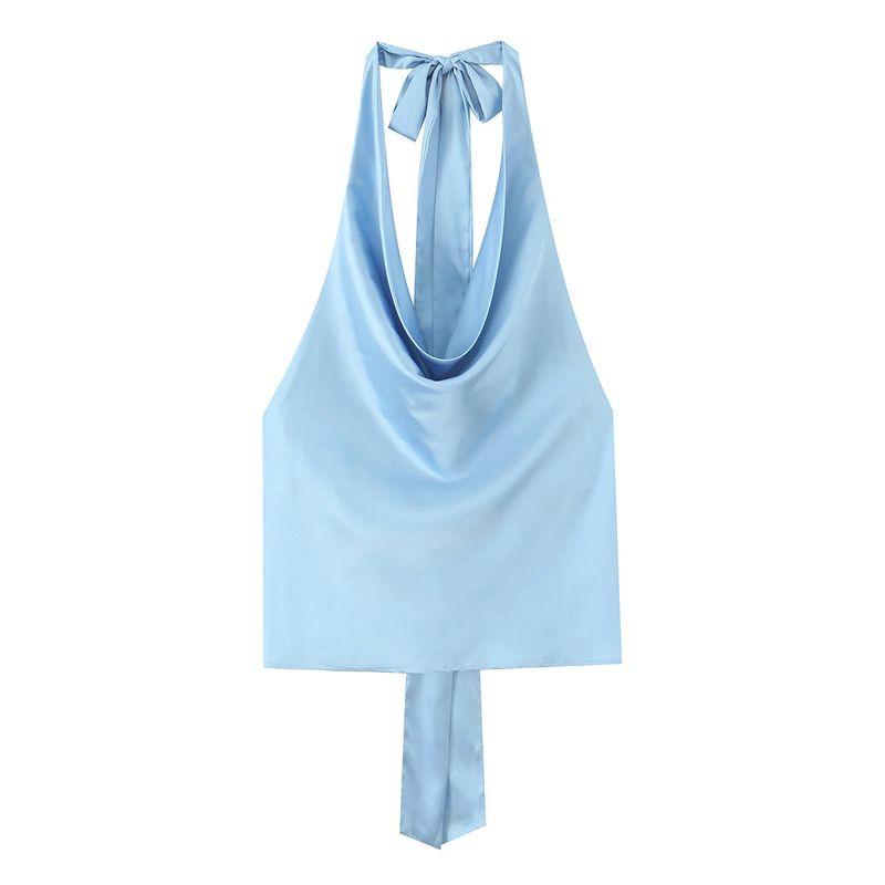 Spring and Summer New Women's Clothing Bowknot Decoration Draped Fashion Hanging Collar Silk Satin Texture Tops 2892650