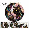 Colorful Cat Wall Art Moon Halloween Window Hanging Decor, Mystical Black Round Sign Door Plaque for Indoor Outdoor Art, Gothic Home Porch Ornament
