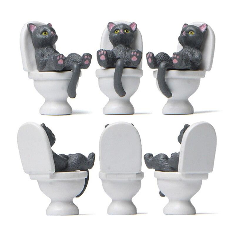 Creative Toilet Cat Figurines Interesting Kawaii Cartoon Cat Squatting On The Toilet Ornament Mini Miniature Desk Decoration
