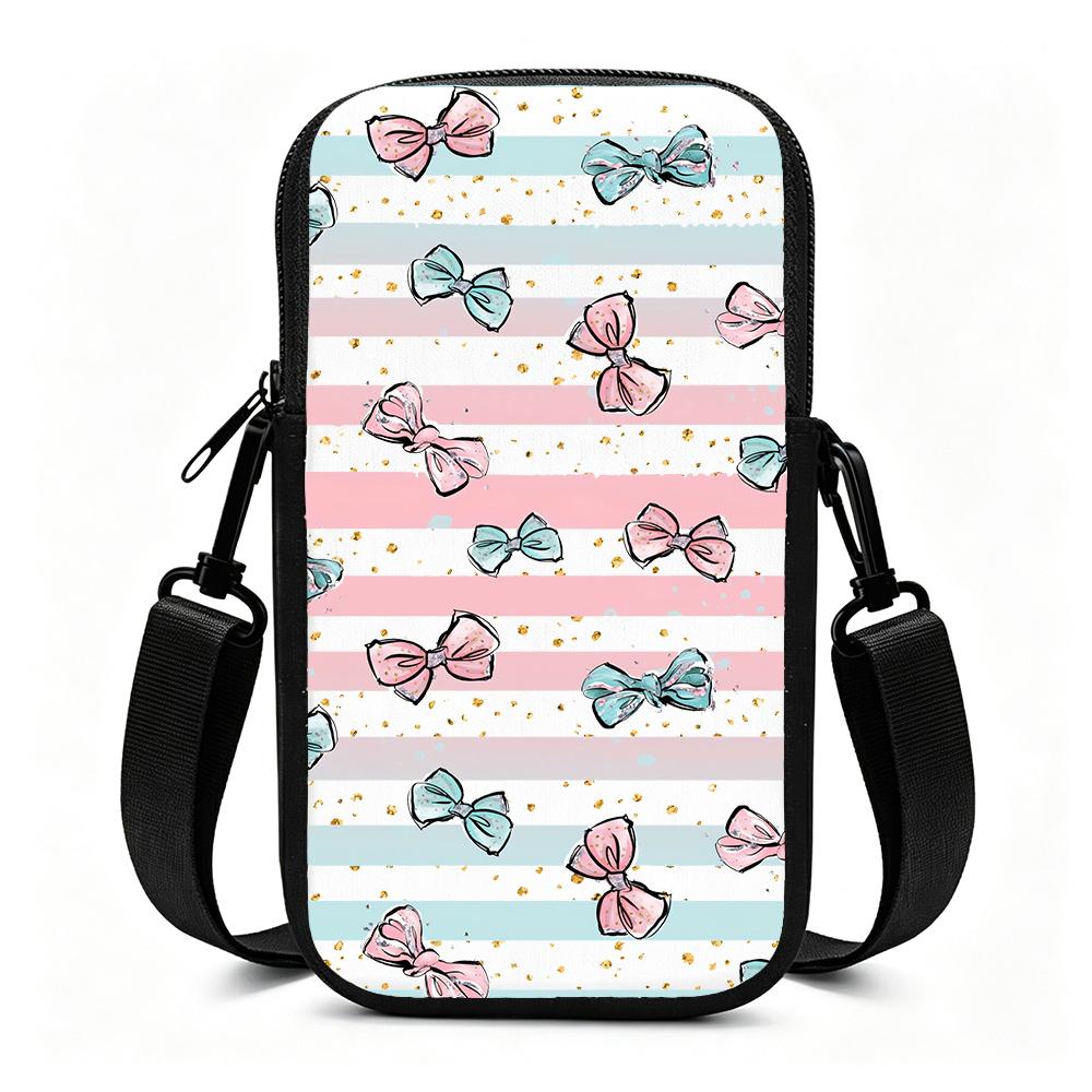 Cute Pink Blue Bowknot Striped Pattern Crossbody Phone Bag, Festive Gold Glitter Christmas Gift Pouch, Small Shoulder Purse for Women Holiday Party Da