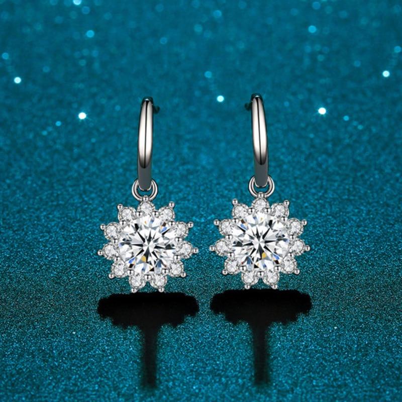 BagueRingen Women's Sterling Silver 925 Jewelry 1 Carat Moissanite Diamond Drop Earrings Sunflower Shaped Ear-drops Gift