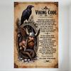 Винтажный металлический жестяной знак "Кодекс викинга" - Нордический воин Бородатый викинг с вороньим шлемом Змея на руке Правила Постер для мужской комнаты Дома