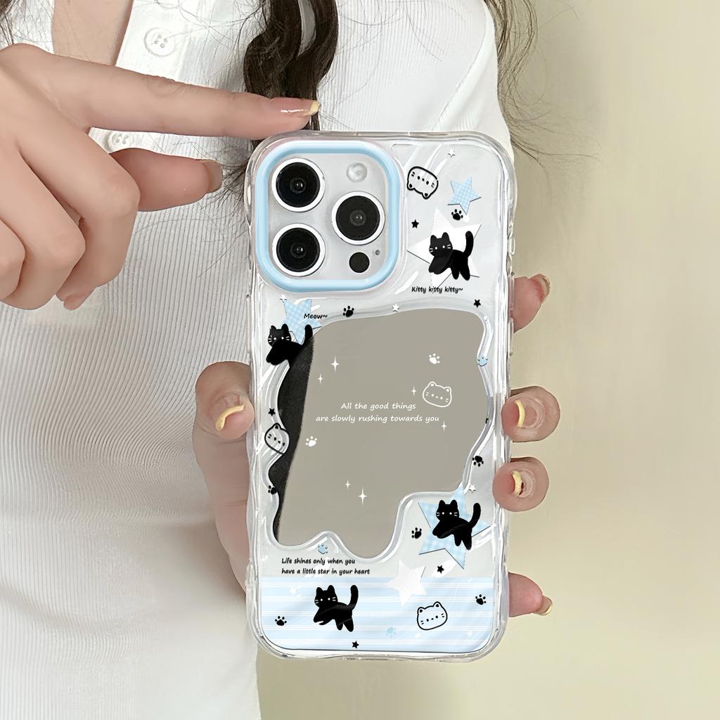 English black cat wave mirror is suitable for Apple 16/15/iphone13promax Huawei makeup mirror mobile phone case