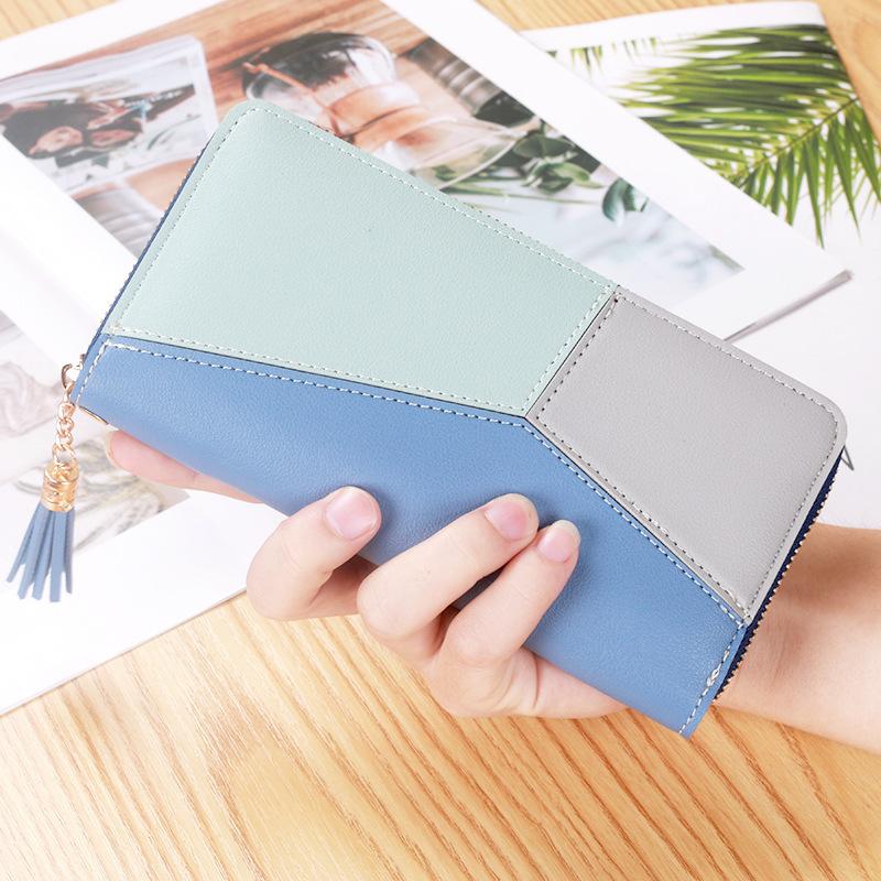 Contrasting Color Stitching Long Wallet Ladies Clutch Bag New Fashion Large Capacity Zipper Wallet Women Tassel Bag