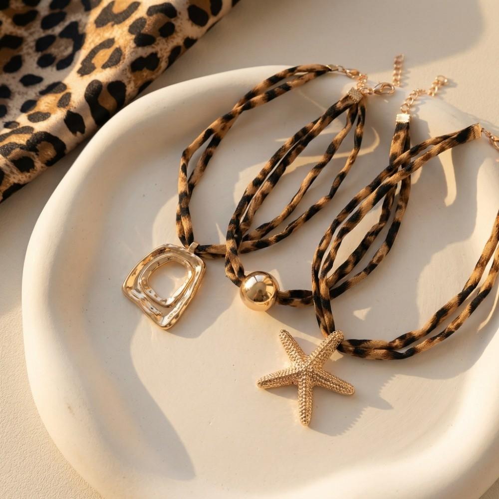 Exaggerated Starfish Pendant Necklace Bohemia Style Leopard Cloth Strip Necklace Girls