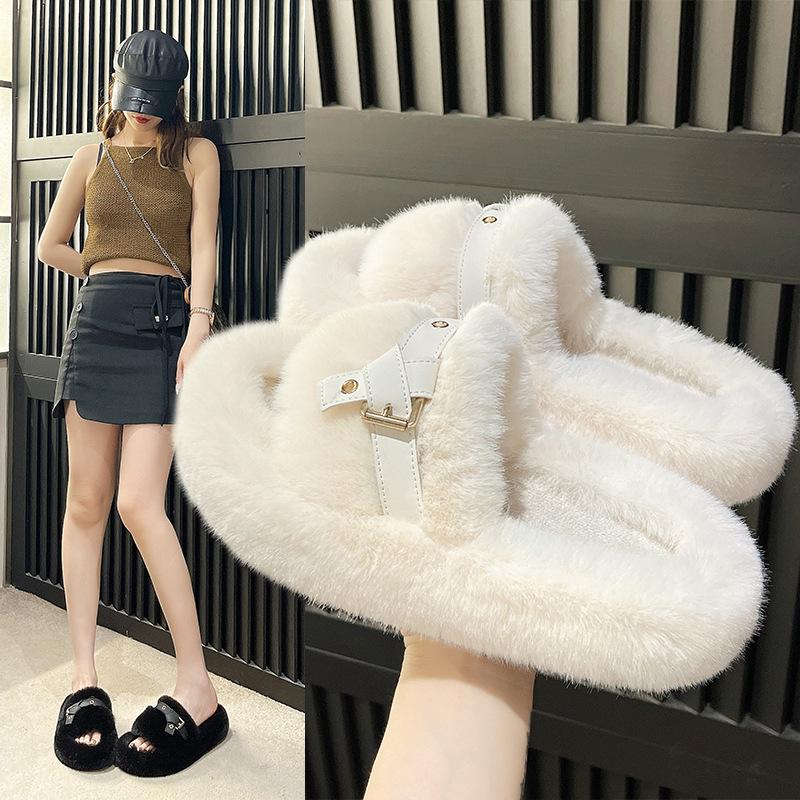 Fashion 2024 Autumn-winter Fluffy Slippers Women Wear Indoor Home Belt Buckle Thick Bottom Plush Cotton Drag Woman