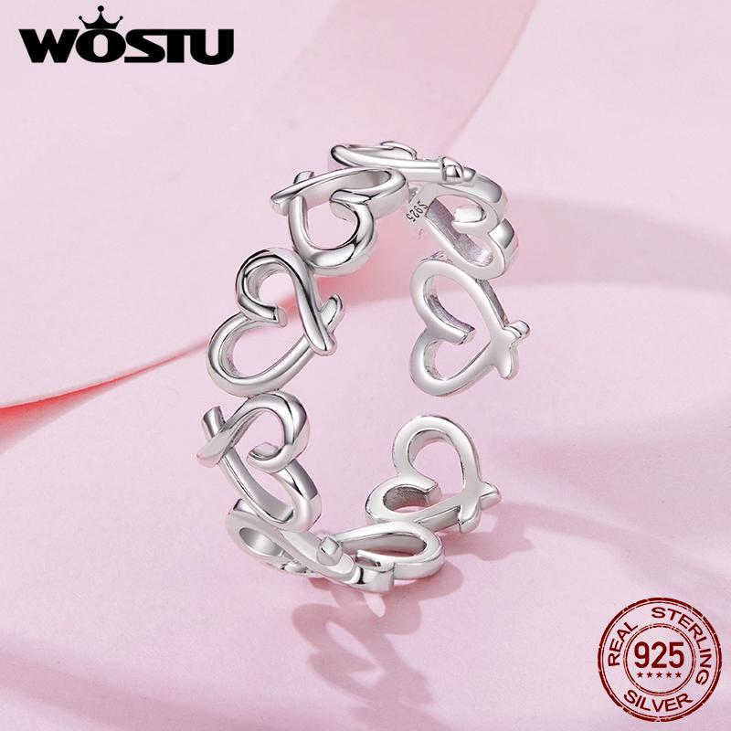 WOSTU Real 925 Sterling Silver Heart To Heart Open Ring For Women Adjustable Stacking Hollow Ring Valentine's Day Gift for Her