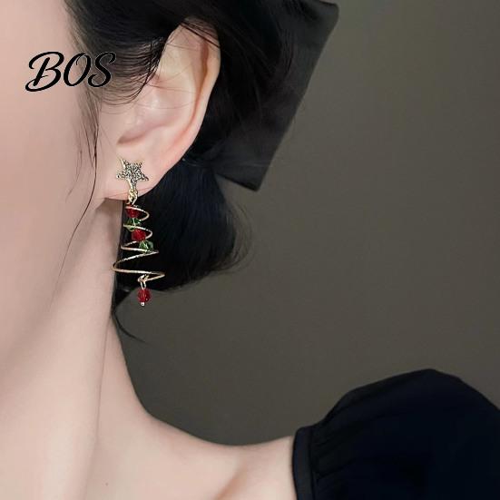 Elegant Winter Party Jewelry 1 Pair Christmas Dangle Earrings for Women, Glitter Star Spiral Faux Festive Long Pendant Crystal Beads Tree Shaped