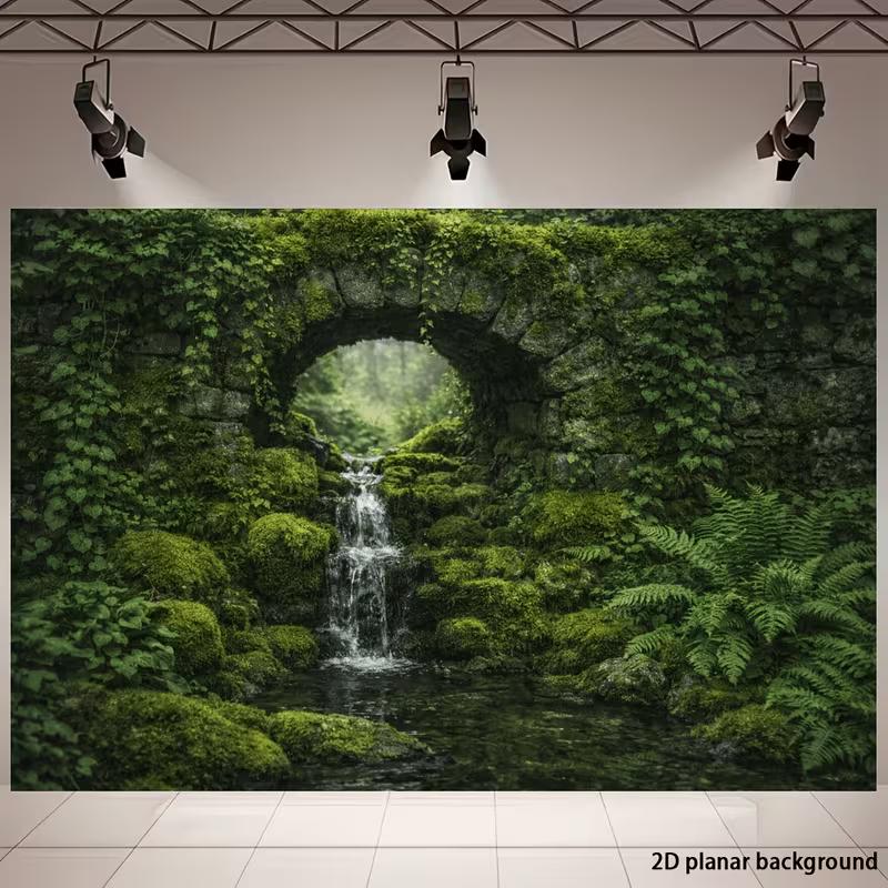 Mossy Stone Arch Backdrop with Waterfall and Ferns Photography Background