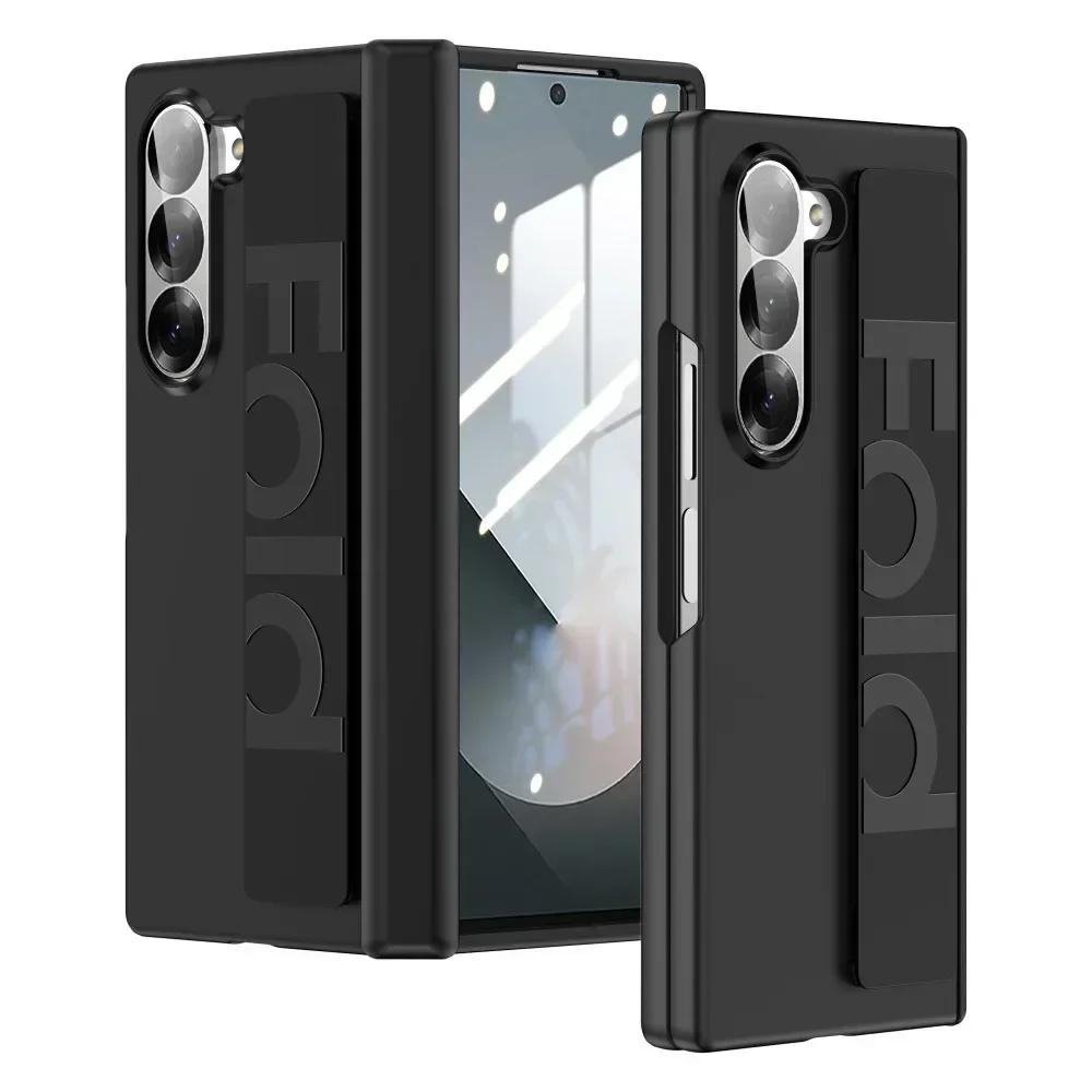 Роскошный Модный Чехол для Телефона с PC-шарниром для Samsung Galaxy Z Fold 7 6 5 4 3 5G Эластичный Ремешок на Запястье Ударопрочный Защитный Бампер