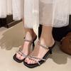 Fashion Summer New Slippers Rhinestone Silver Line with Square Head Thin Heels High Heels Sandals Wear Women Exquisite Sandals