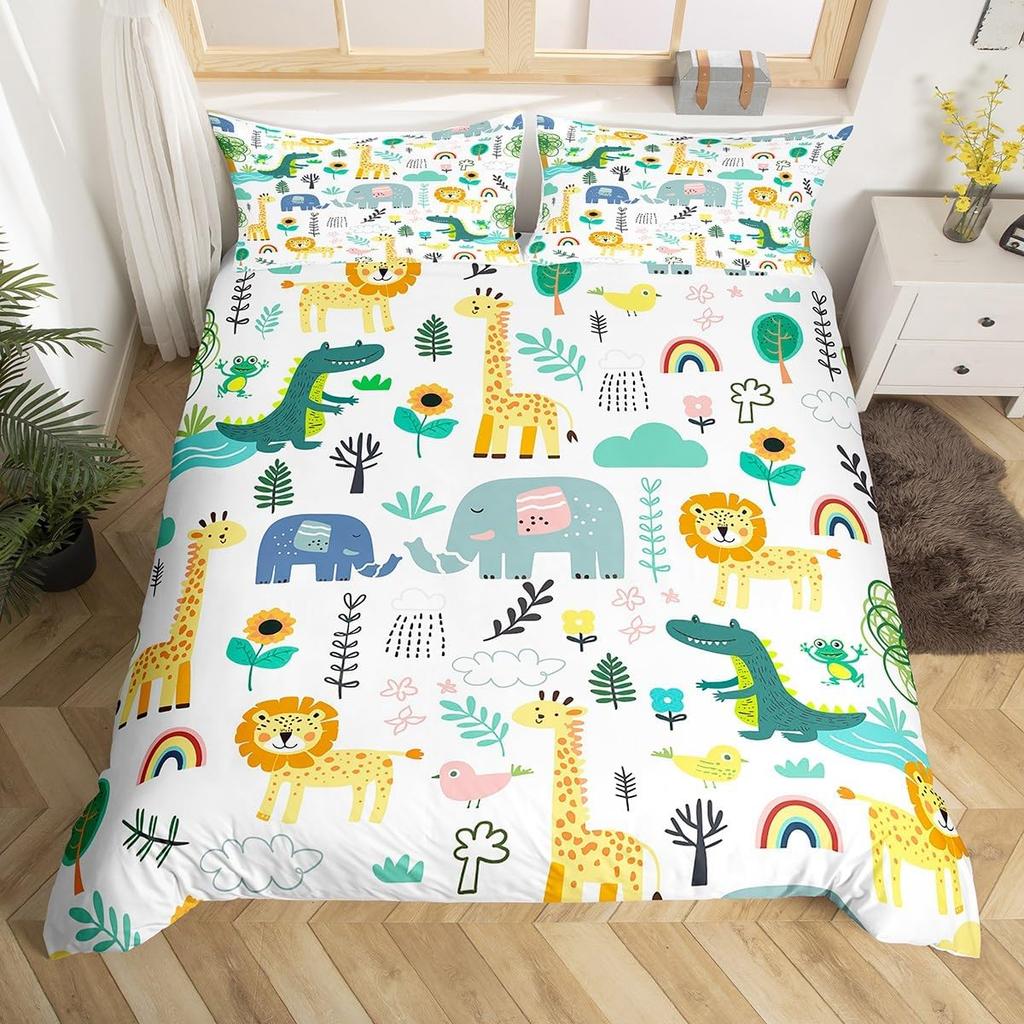 Kawaii Lion Duvet Cover Set Twin King For Kids Boys Girls Cartoon Animal Bedding Set Microfiber Wild Animals Theme Quilt Cover