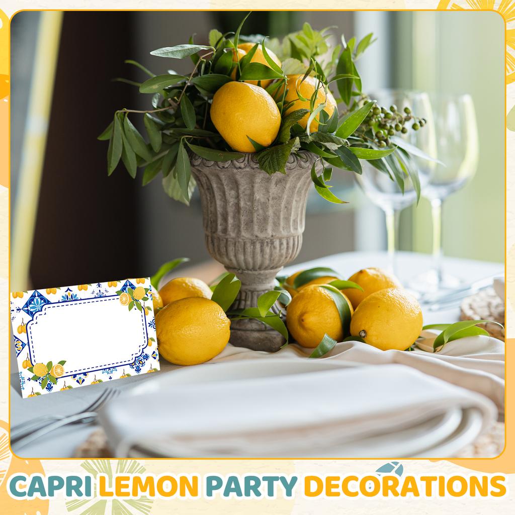 Capri Lemon Place Cards Blue Tile Table Name Labels Yellow Lemon Tent Cards Food Label For Wedding Bridal Shower Table Setting