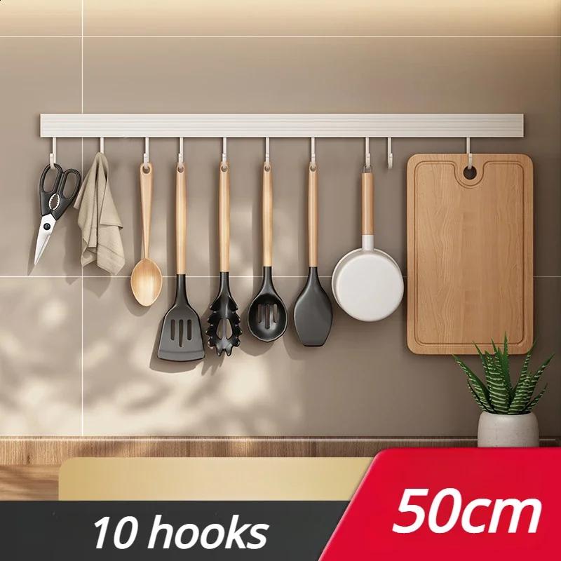 20/30/40/50cm White Kitchen Hook Holder No Punch Wall Hanging Rod Space Aluminum Row Hook Spatula Spoon Shovel Storage Rack
