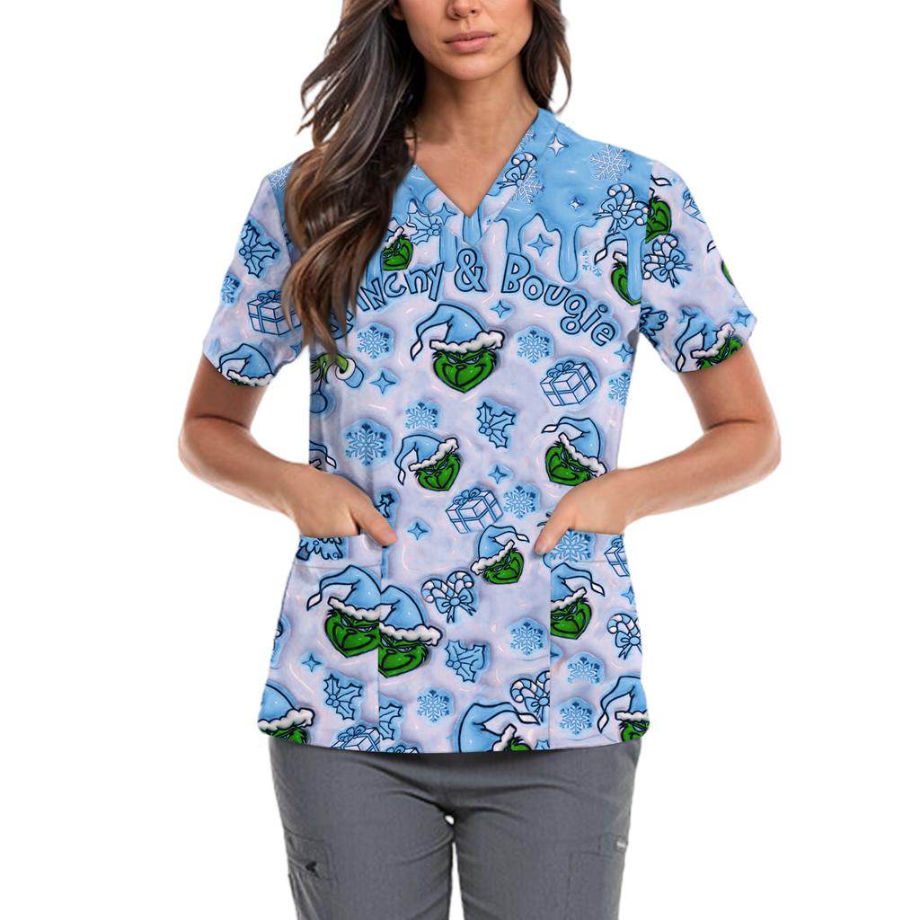 Женская милая блузка с принтом бантиков, рабочая одежда, V-образный вырез, двойной слой, карманы, базовая, с коротким рукавом, пуловер